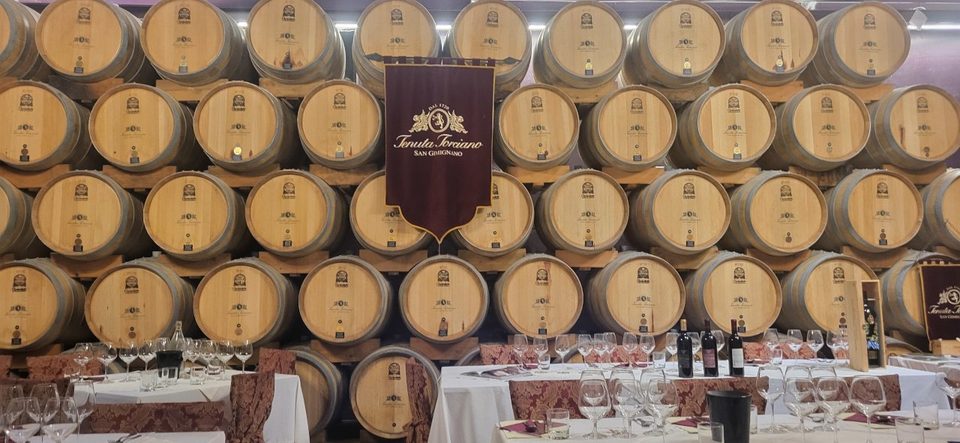 Rows of barrels in the Tenuta Torciano tasting room